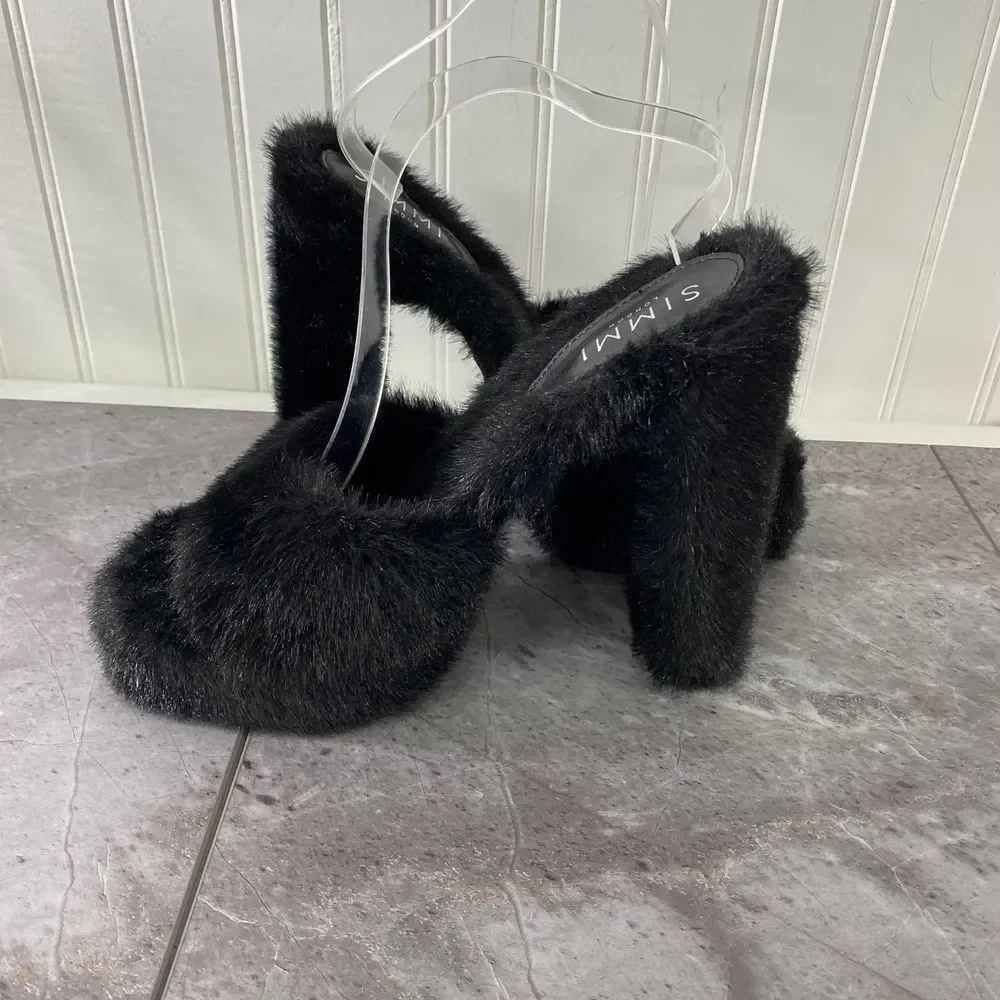 SIMMI Womens‎ 7 London Black Faux Fur Platform Heeled Sandals Fuzzy Chunky Party
